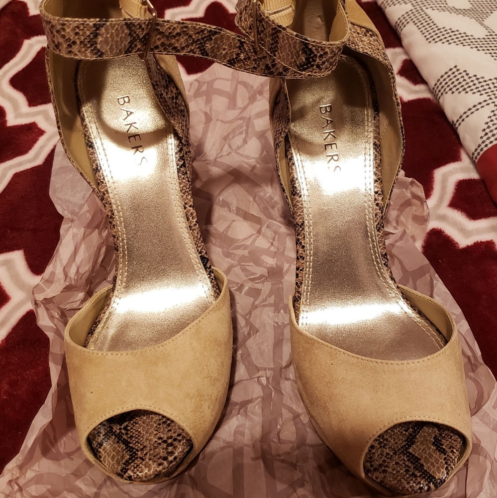 Bakers Cream and Brown Heels with Peep-Toe Design